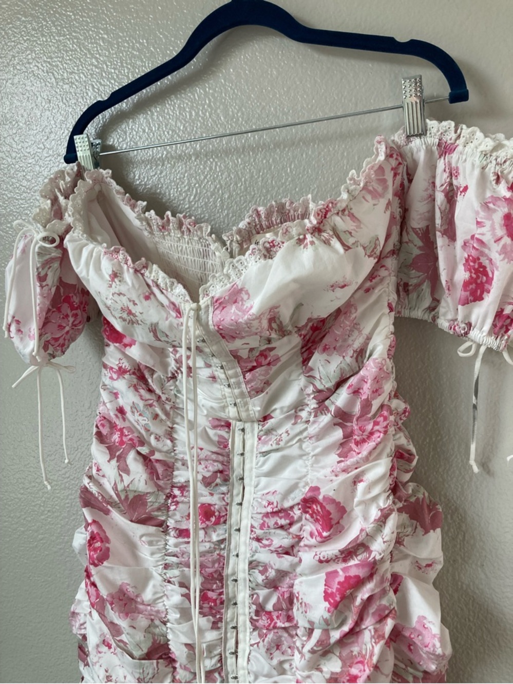 For Love & Lemons Mills Ruched Floral Mini Dress Coquette Milkmaid Corset sz L - Picture 5 of 14